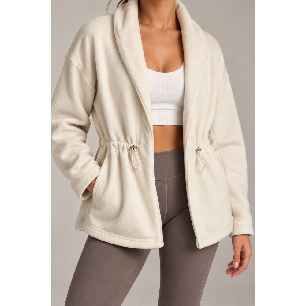 Fabletics Women’s XL Ivory Fleece Open Front Jacket Drawstring Waist Cozy